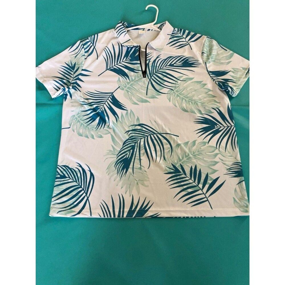 Men’s White Tropical Leaf Print Polo Shirt XXL Short Sleeve Zipper Polyester